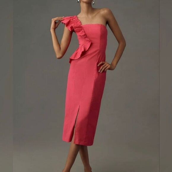 Anthropologie NWOT Pink Column One Shoulder Linen Dress Size XXS - Picture 2 of 12